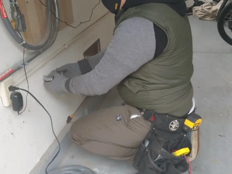 Electrician performing outlet wiring in a Kalama garage